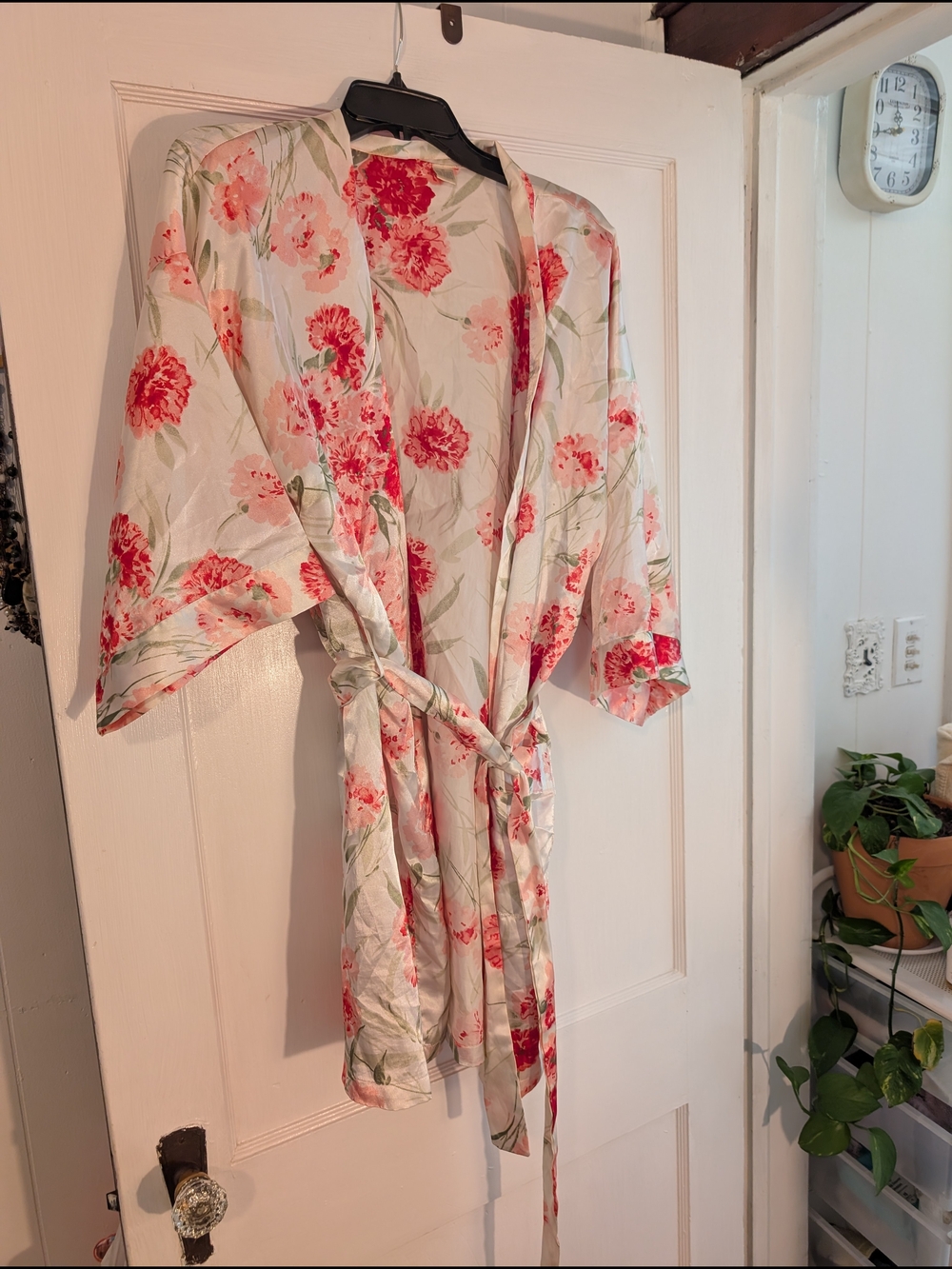 Floral Satin Kimono Robe in White & Coral & Pink One Size